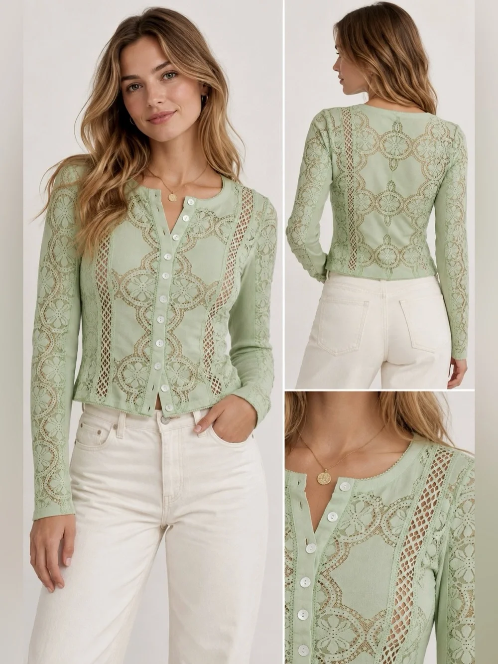 Free People Jae Sheer Lace Knit Long Sleeve Top Soft Moss Green M